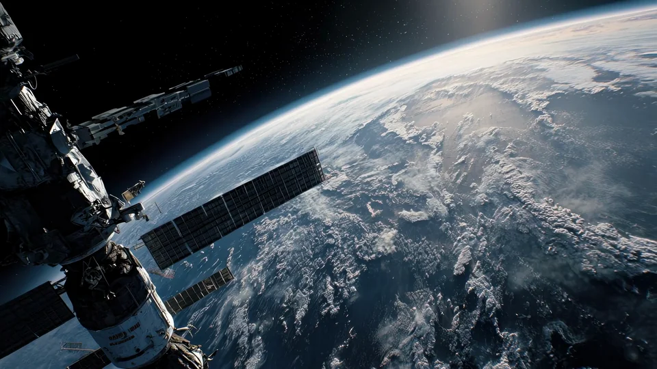 Estação espacial sobre a Terra coberta de gelo